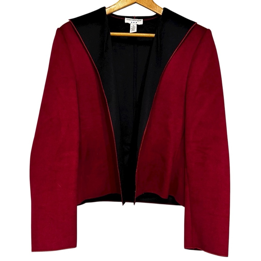 Covington Red Wool Blend Open Front Cardigan Jacket Size 12 Cozy Modern Chic